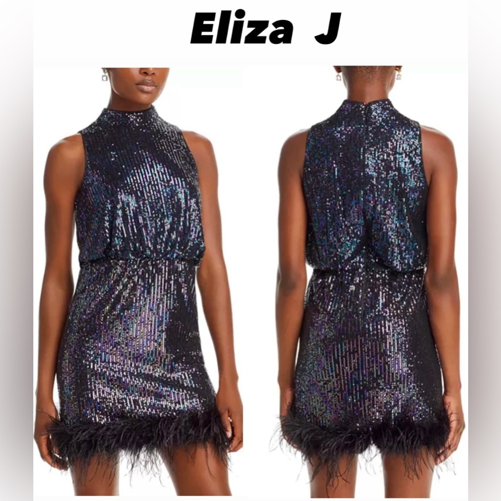 Eliza J Sequin Mock Neck Sleeveless Blouson
Feather Trim Sheath Dress,Size 4